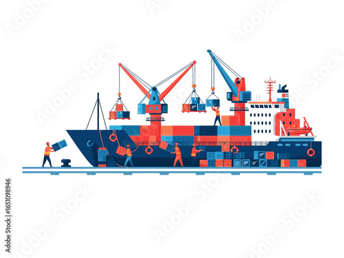 Seaport Logistics: A meticulously crafted illustration unveils a busy seaport, showcasing the efficient loading and unloading of cargo containers onto a massive ship.