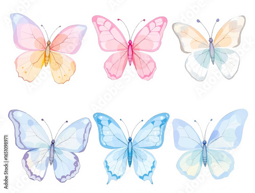 Watercolor colorful butterflies, isolated butterfly on white background. blue, yellow, pink and red butterfly spring illustration.