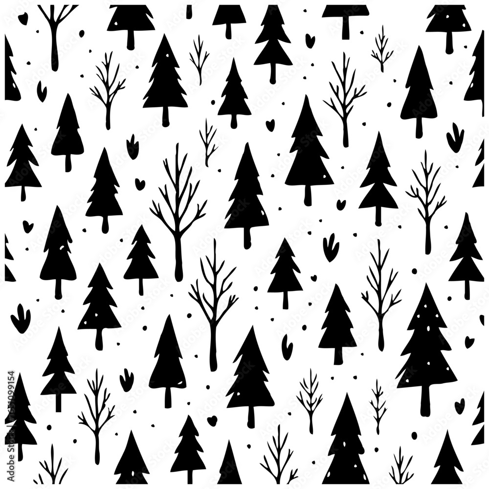Obraz premium Seamless winter forest pattern with christmas trees and bare branches for festive backgrounds or wrapping paper design