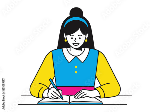 Illustration of woman writing in book: An illustrated woman engrossed in writing in a book, her focused expression and poised posture. Capturing the essence of learning and self-expression.