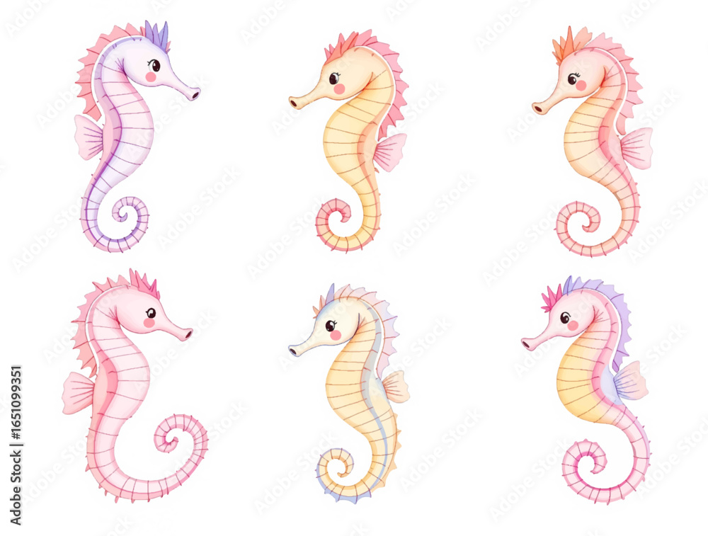 Fototapeta premium Sea horse set watercolor