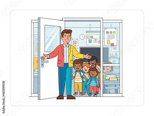 Welcoming Educator with a Young Class: A warm-hearted teacher extends a welcoming gesture to a group of excited children, stepping into a bright and inviting classroom setting.