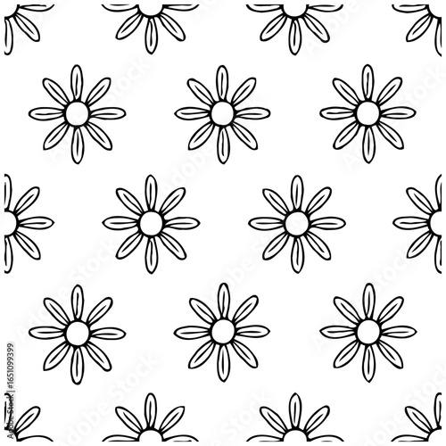Seamless flower pattern with black outlines repeating floral design for textile and surface art minimalist style