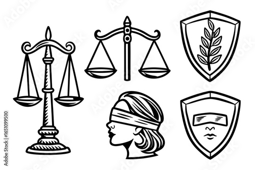 Justice symbols scales, blindfolded woman, shields