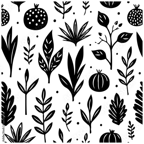 Botanical black and white seamless pattern of leaves and plants provides a graphic illustration wallpaper