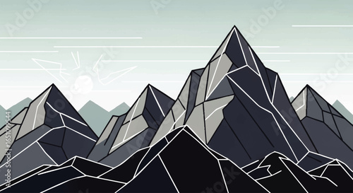 Stylized mountain range at sunrise, geometric peaks, minimalist landscape art.