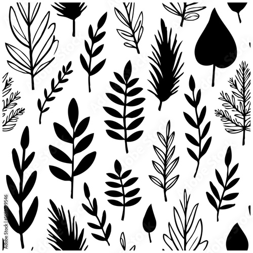 Seamless leaf pattern black and white foliage botanical design for fabric or wallpaper minimalist illustration showcasing nature elements