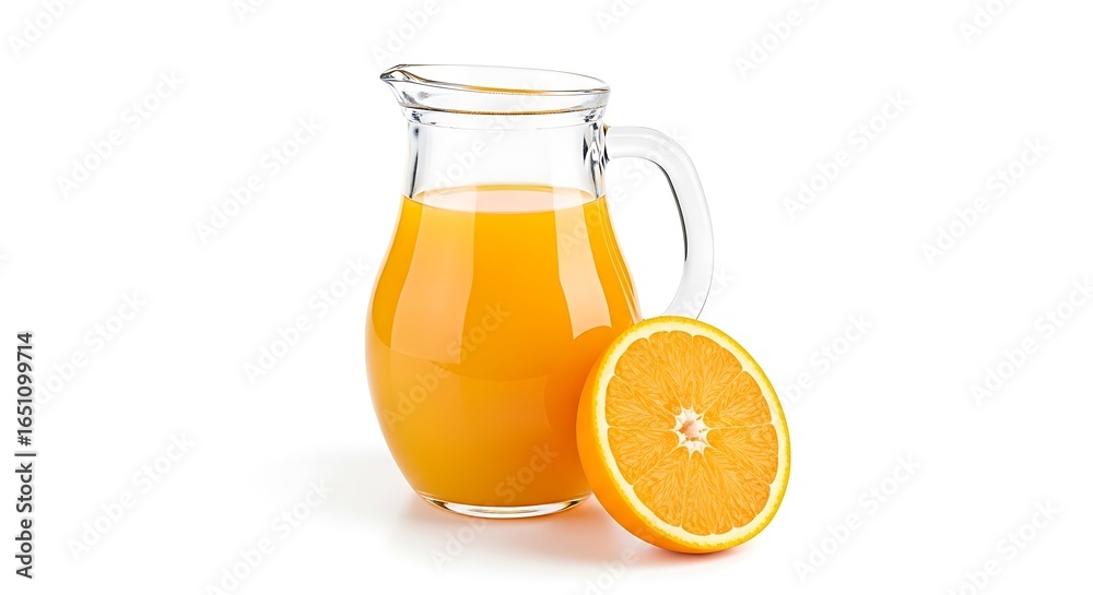 Glass pitcher filled with fresh orange juice next to a slice of orange Glass pitcher filled with fresh orange juice next to a slice of orange