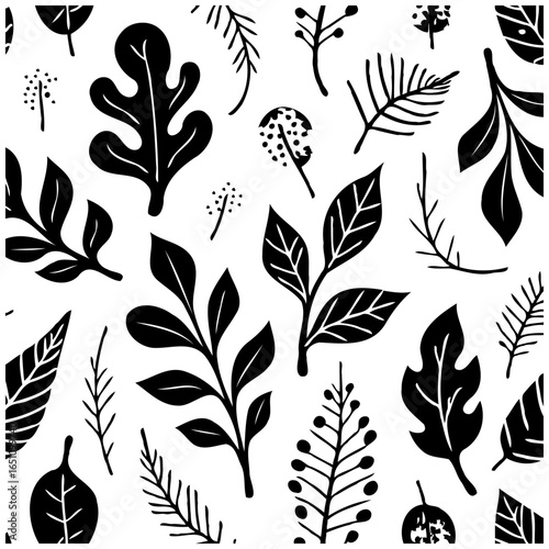 Black and white seamless pattern featuring stylized botanical elements creating a visually engaging wallpaper design background illustration