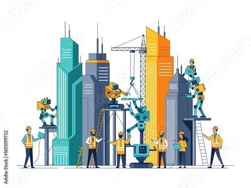 Construction Future: A futuristic city takes shape under the collaborative efforts of human and robots, with the skyscrapers rising to new heights.
