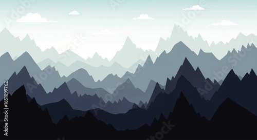 Mountain range illustration with layered peaks in shades of blue and grey, under a light blue sky.