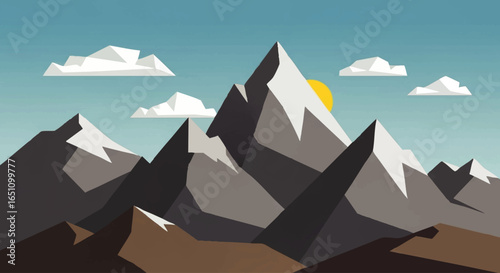 A stylized illustration of snow-capped mountains under a blue sky with geometric clouds and a bright sun.