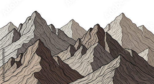 Illustration of a mountain range with sharp peaks, rendered in shades of brown, beige, and gray against a white background.