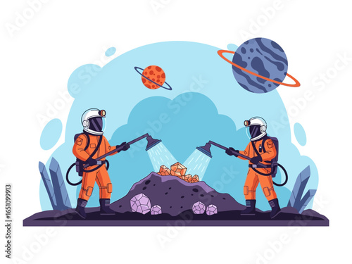 Astronauts in Space Exploration: Two dedicated astronauts, clad in space suits, engage in a diligent excavation, surrounded by the vastness of the cosmos. This illustrates a scene of discovery.