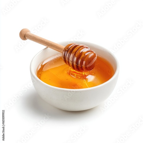 Honey pot and dipper on white background.