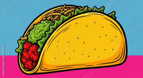 Cartoon illustration of a taco filled with meat, lettuce, guacamole, and cheese against a blue and pink background.