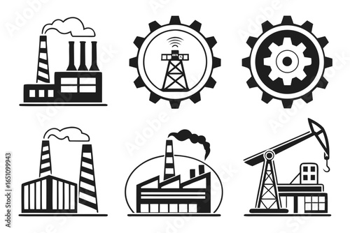 Industrial factory and oil pump icons isolated on white background