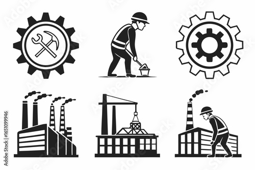 Industry and construction icons with workers and factories