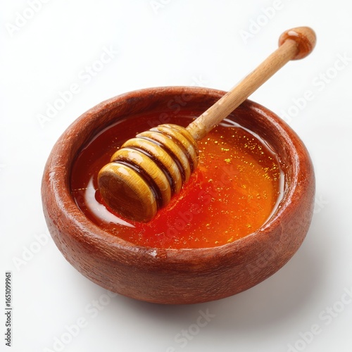 Honey pot and dipper on white background.