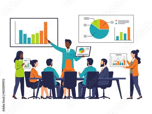 Business Strategy Presentation: A dynamic business presentation, showcasing insightful data visualizations and collaborative team interaction.