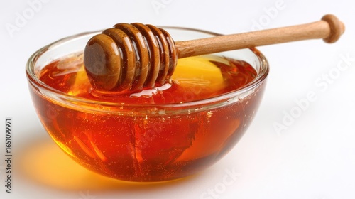 Honey pot and dipper on white background.