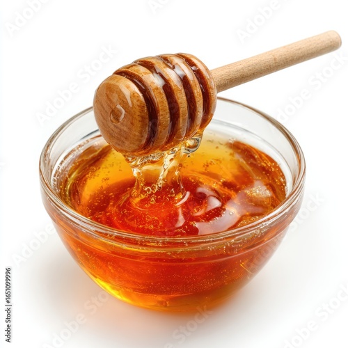 Honey pot and dipper on white background.