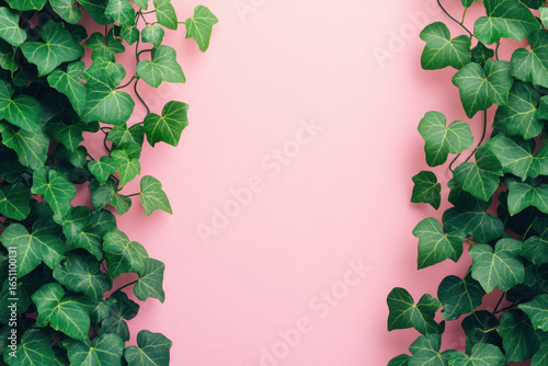 Lush green ivy leaves frame soft pink background, creating vibrant and fresh contrast. composition is perfect for nature themed designs or backgrounds