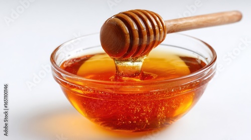 Honey pot and dipper on white background.
