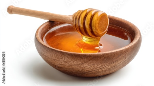 Honey pot and dipper on white background.