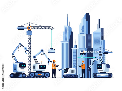 Building the Future: A visionary depiction of smart city construction, showcasing futuristic robots and workers collaborating to erect skyscrapers.