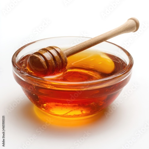 Honey pot and dipper on white background.