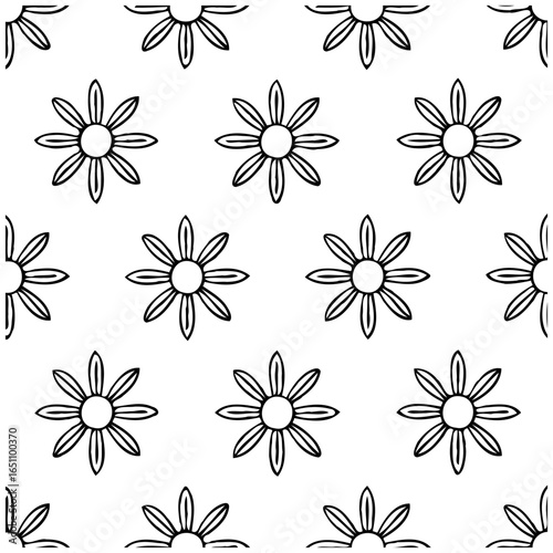 Seamless floral pattern with hand-drawn daisy flower elements repeated on a white background creating a simple and elegant design