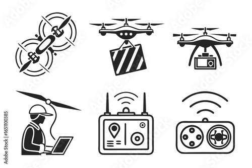 Drone technology icons with delivery and control elements