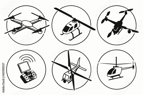 Collection of drone and helicopter icons isolated on white background