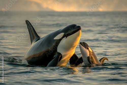 Orca mother and calf swimming together in the ocean at sunset