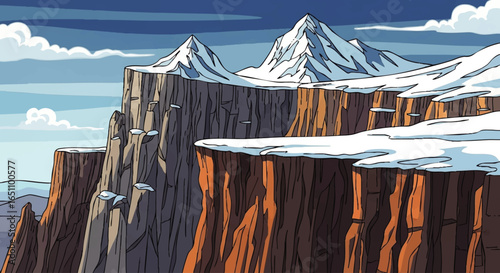A cartoon illustration depicts a high cliffside landscape with snow-capped mountains in the distance.