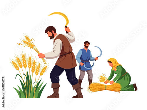 Harvesting Illustration: A vibrant, illustrative depiction of a trio engaged in the age-old practice of harvesting golden wheat, capturing the essence of rural life.