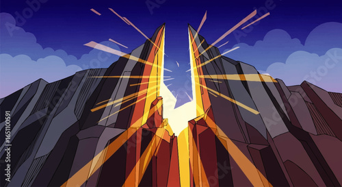 Cartoon illustration of two mountains split apart with bright light emanating from the opening against a dark blue sky.