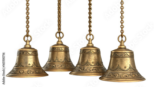 Four Ornate Golden Bells Hanging on Chains Against On Transparent Background 