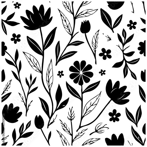 Elegant seamless floral pattern featuring black botanical elements on a crisp white background, classic design