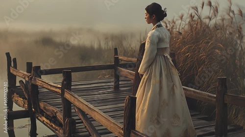 Elegant woman in traditional hanbok dress standing on a rustic wooden pier over misty water at sunrise