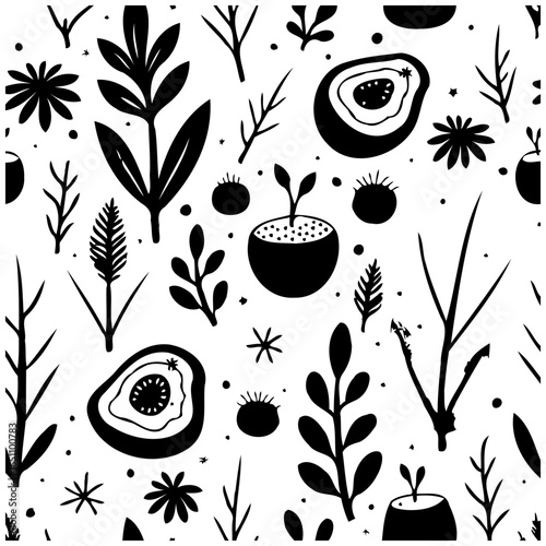 Elegant botanical pattern showcasing stylized plant elements black and white color palette creating a timeless design with a minimalist feel