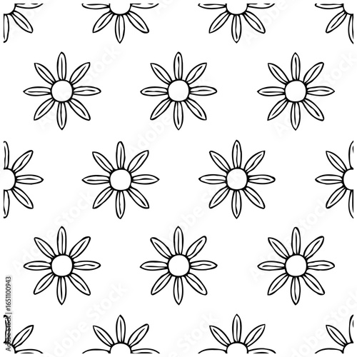 Black and white daisy pattern creates a simple yet elegant repetitive floral design with symmetrical beauty suitable for backgrounds