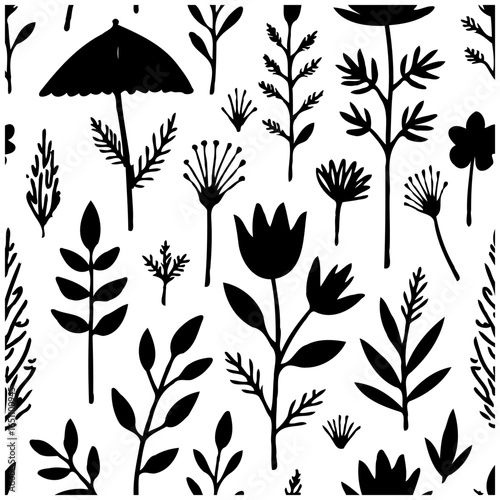 Black and white floral seamless pattern, hand-drawn design with botanical elements creating a nature inspired backdrop, artistic plants decoration