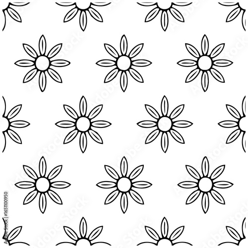 Floral arrangement in seamless pattern of outlined flowers with radial petals on white background an artistic representation