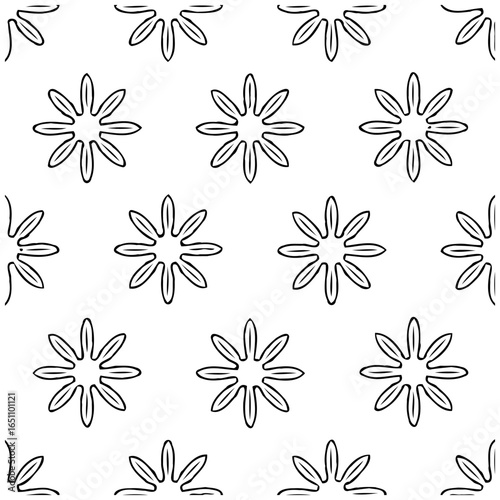 Black and white geometric flower repeat pattern abstract vector design for creative projects with organic feel