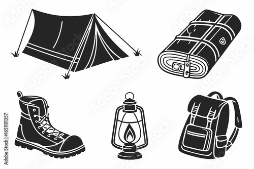 Camping and hiking gear set isolated on white background