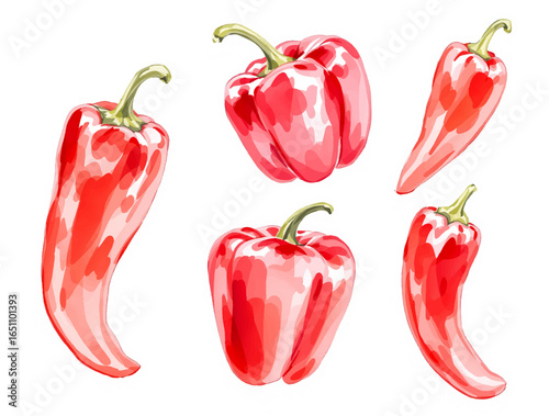 Red hot peppers, red hot chili peppers watercolor set