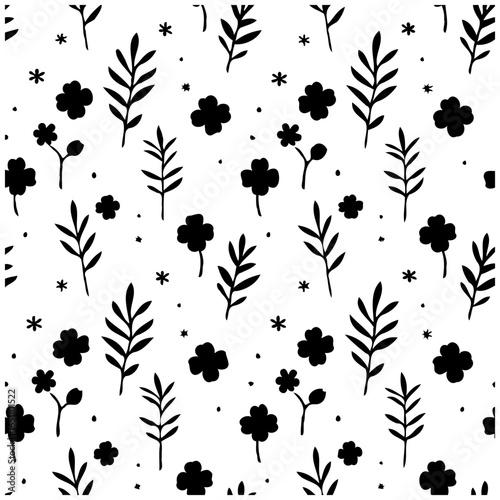 Elegant floral pattern with black and white leaf accents, perfect for backgrounds or designs featuring nature's grace