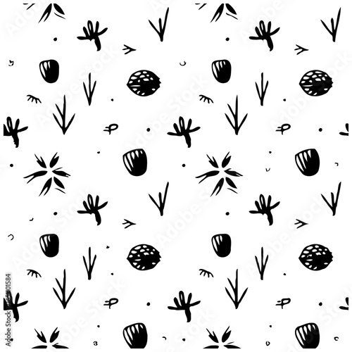 Whimsical monochrome botanical pattern featuring abstract floral elements and organic shapes, creating a simple modern design